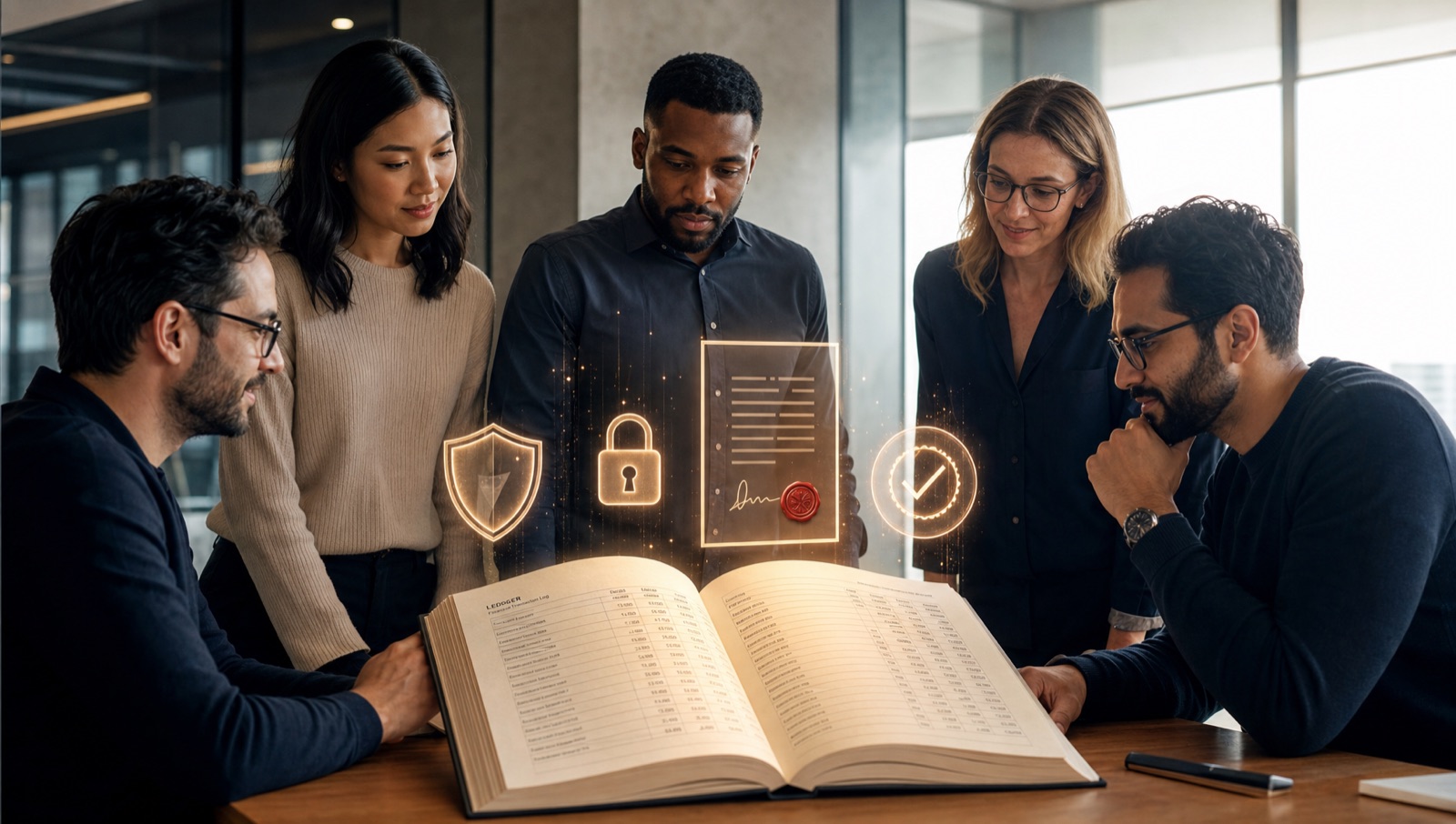 A team gathered around an open general-ledger audit log, with shield, lock, attestation and verified icons floating above it.
