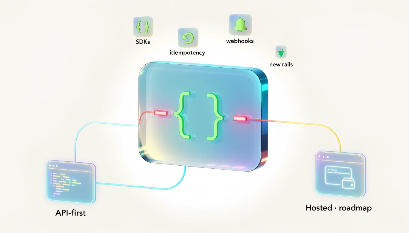 One typed API surface at the centre, wired on one side to an API-first code editor and on the other to a hosted checkout on the roadmap, ringed by SDKs, idempotency, webhooks and new rails.
