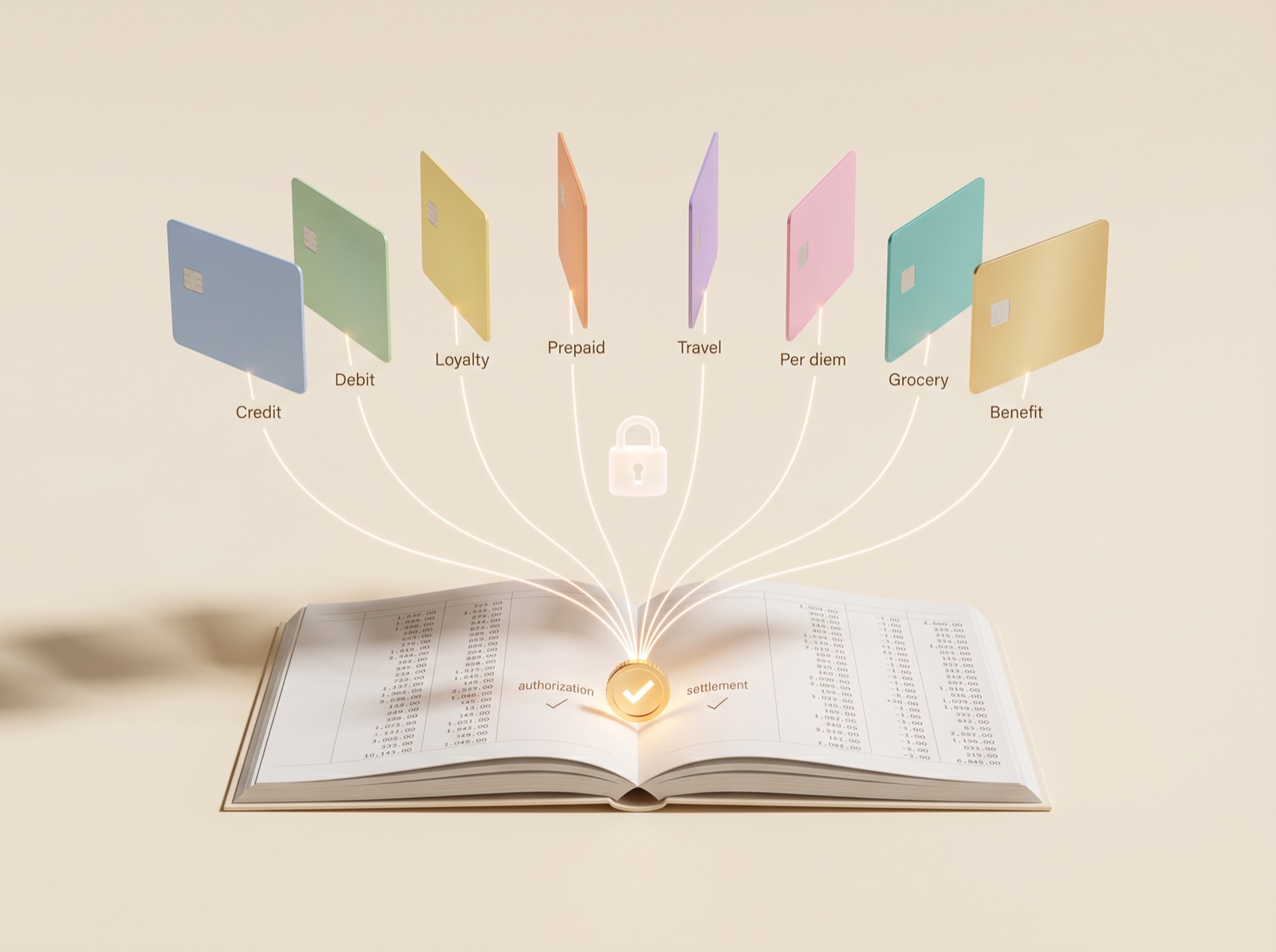Credit, debit, loyalty, prepaid, travel, per diem, grocery and benefit cards flowing into one open ledger, authorization and settlement reconciled to a verified coin.