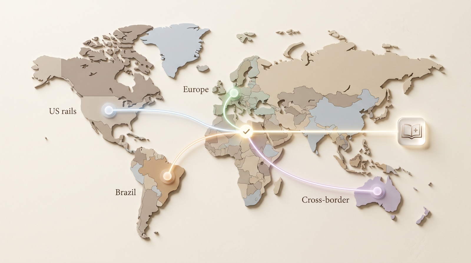A world map with payment rails — US rails, Europe, Brazil, and cross-border — each routing into one verified point.