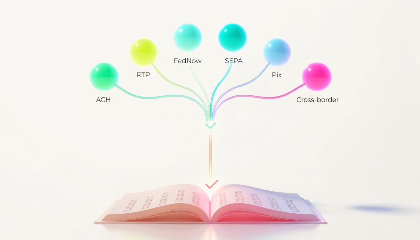 ACH, RTP, FedNow, SEPA, Pix and cross-border rails converging through a single verified checkpoint into one open ledger book.