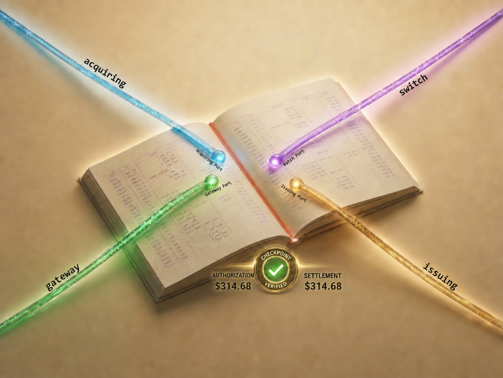 Four labeled light-streams — acquiring, gateway, switch, and issuing — converging into one open ledger, with authorization and settlement verified to the same amount at the checkpoint.