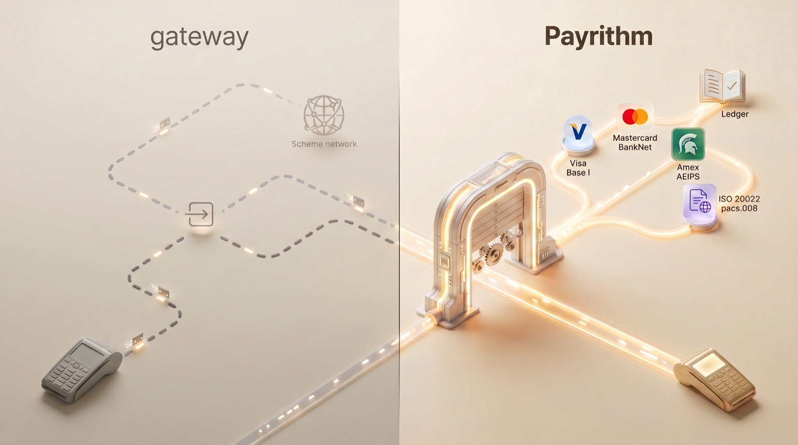 Left, a gateway hops the terminal's call along a faint dashed path to someone else's scheme network. Right, Payrithm composes the scheme message itself on one lit rail — Visa Base I, Mastercard BankNet, Amex AEIPS and ISO 20022 pacs.008 — posting to one ledger.