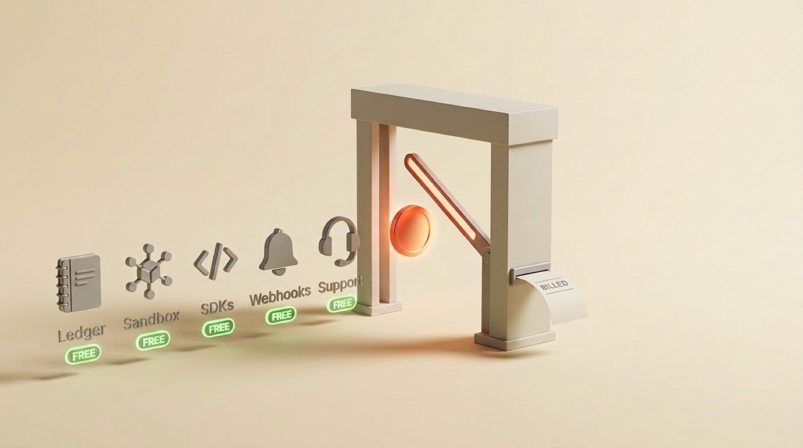 Infrastructure — ledger, sandbox, SDKs, webhooks, support — all free; a transaction is billed only as it passes the gate.