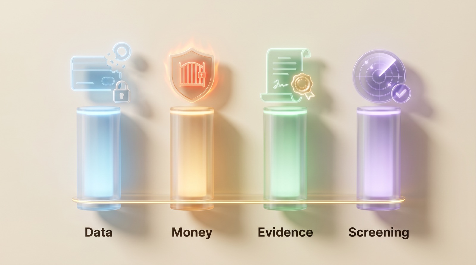 Four glass pillars — data, money, evidence and screening — standing on one balanced golden bar, each capped by its own icon.