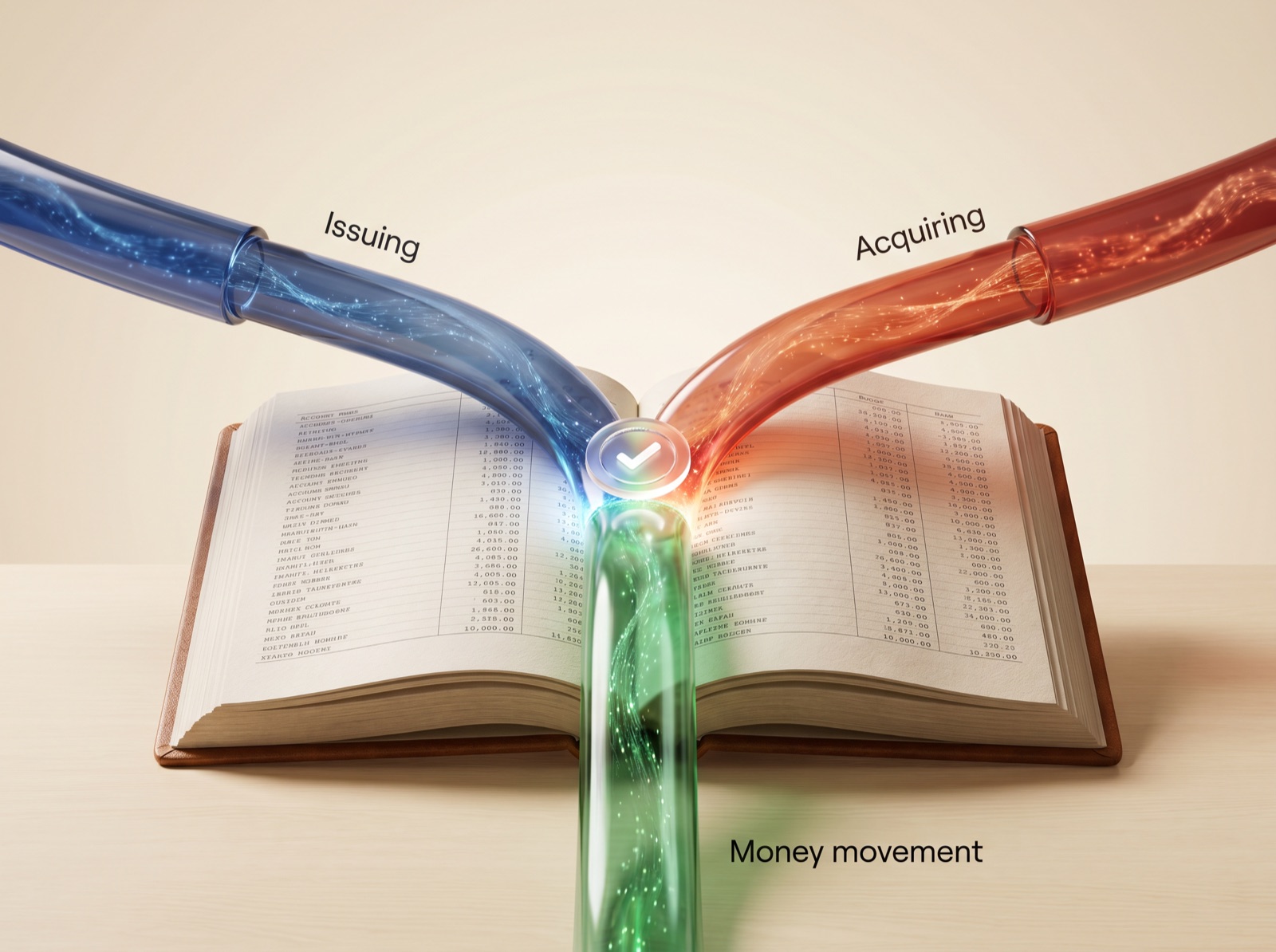 Issuing, acquiring, and money movement flowing as three colored streams into one open ledger, verified at the centre.